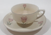 Czechoslovakia Cream with Pink Tulip Flower Themed Silver Trim Fine China Tea Cup and Saucer Set