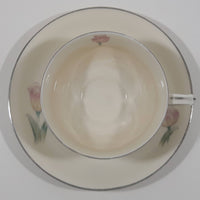 Czechoslovakia Cream with Pink Tulip Flower Themed Silver Trim Fine China Tea Cup and Saucer Set