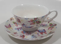 Modern House Butterfly Themed White Fine China Tea Cup and Saucer Set