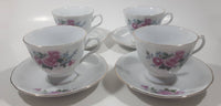 Pink Roses White with Gold Trim Fine China Tea Cup and Saucer Set of 4