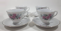 Pink Roses White with Gold Trim Fine China Tea Cup and Saucer Set of 4