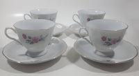 Pink Roses White with Gold Trim Fine China Tea Cup and Saucer Set of 4