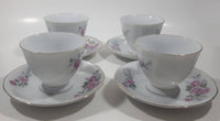 Pink Roses White with Gold Trim Fine China Tea Cup and Saucer Set of 4