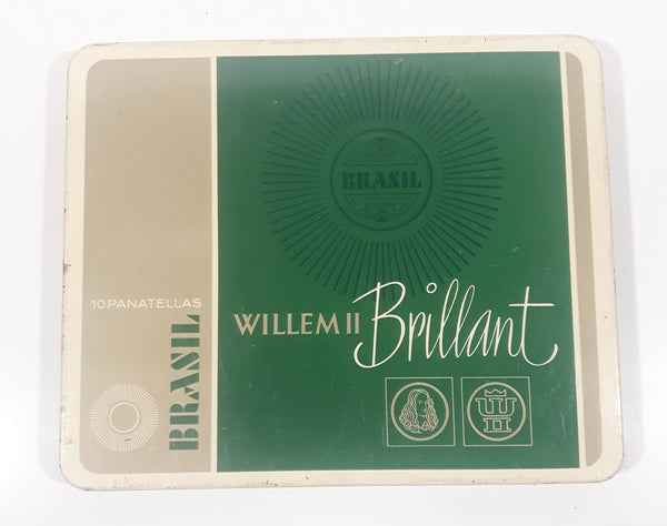 Vintage Willem II Brilliant 10 Panatellas Cigars Brasil Green and Beige Hinged Tin Metal Cigarillo Holder Case