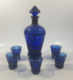 Antique 19th Century Cobalt Blue Decanter set with Decorative Silver Motif