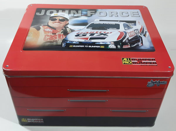 All Pro Bumper To Bumper Auto Parts John Force Castrol GTX Red Large Tin Metal Container with Collector Card