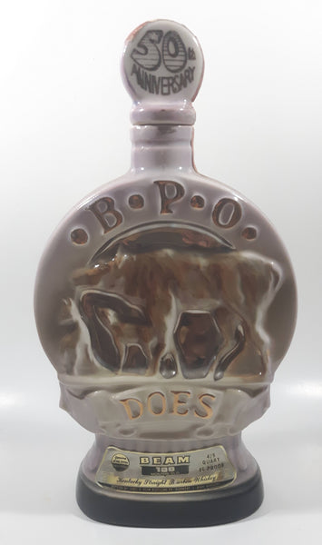 Vintage 1971 Jim Beam Kentucky Whisky 50th Anniversary B.P.O. The Does 12" Tall Embossed Decanter Bottle