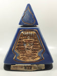 Vintage 1970 Jim Beam Kentucky Whiskey Imperial Sessions King Tut Themed Blue and Gold Egyptian Pyramid Shaped 9" Tall Embossed Decanter Bottle