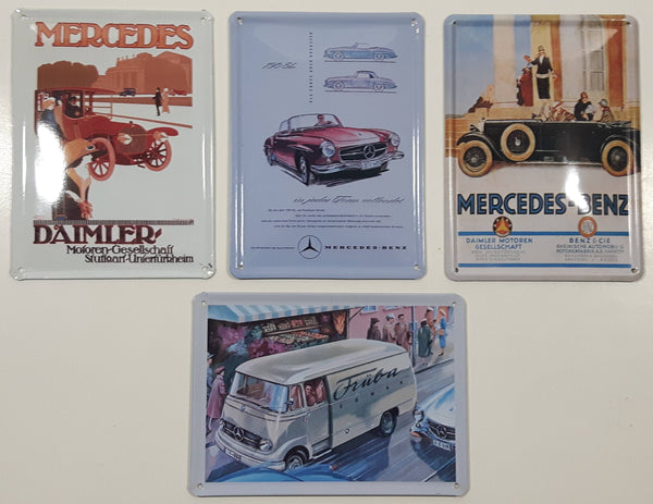 Set of 4 Mercedes Vintage Style Small 3 1/8" x 4 3/8" Bowed Tin Metal Advertising Signs