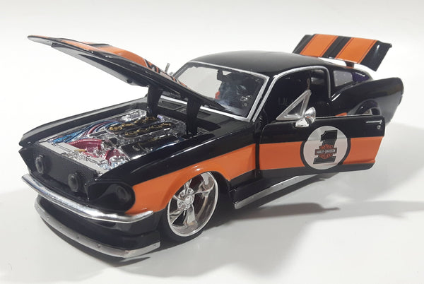 Maisto Harley Davidson Motor Cycles 1967 Ford Mustang GT Black and Orange 1/24 Scale Die Cast Toy Car Vehicle with Opening Hood, Trunk, and Doors