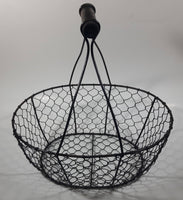 Black Metal Chicken Wire Basket with Wooden Handle 12" Wide