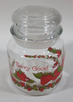 Vintage 1980 American Greetings Strawberry Shortcake's Pink Kitty Cat Pet Crawling On Strawberries 'Berry Good' 5 1/2" Tall Glass Jar with Lid