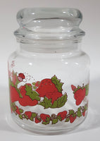 Vintage 1980 American Greetings Strawberry Shortcake's Pink Kitty Cat Pet Crawling On Strawberries 'Berry Good' 5 1/2" Tall Glass Jar with Lid