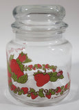 Vintage 1980 American Greetings Strawberry Shortcake's Pink Kitty Cat Pet Crawling On Strawberries 'Berry Good' 5 1/2" Tall Glass Jar with Lid