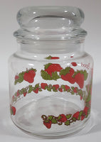 Vintage 1980 American Greetings Strawberry Shortcake's Pink Kitty Cat Pet Crawling On Strawberries 'Berry Good' 5 1/2" Tall Glass Jar with Lid