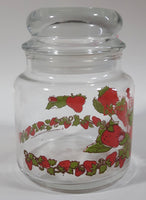 Vintage 1980 American Greetings Strawberry Shortcake's Pink Kitty Cat Pet Crawling On Strawberries 'Berry Good' 5 1/2" Tall Glass Jar with Lid