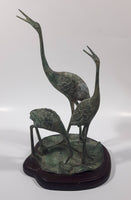 Antiqued Brass Patina 3 Crane Birds On A Lilypad 11" Tall Metal Sculpture