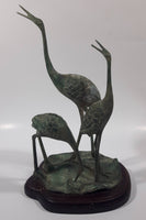 Antiqued Brass Patina 3 Crane Birds On A Lilypad 11" Tall Metal Sculpture