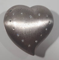 Dark Red Velvet Metal Heart Shaped Small Trinket Box with Clear Rhinestones Missing One Stone