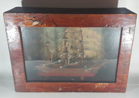 Antique Detailed Wooden Tall Ship Model with Ship Background and Leather Ties in Wood Shadow Box 5 1/4" x 14" x 19"