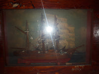 Antique Detailed Wooden Tall Ship Model with Ship Background and Leather Ties in Wood Shadow Box 5 1/4" x 14" x 19"