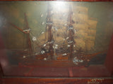 Antique Detailed Wooden Tall Ship Model with Ship Background and Leather Ties in Wood Shadow Box 5 1/4" x 14" x 19"