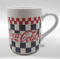 1996 Gibson Coca Cola Checkered Pattern 4 3/8" Tall Ceramic Coffee Mug Cup