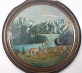 Vintage M.G. Paterson Tasis Hand Painted Deer and Mountains Nature Scene 22" Metal Oil Drum Lid Painting