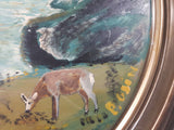 Vintage M.G. Paterson Tasis Hand Painted Deer and Mountains Nature Scene 22" Metal Oil Drum Lid Painting