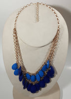 Dark Blue and Light Blue Plastic Drop Disc 19" Long Gold Tone Necklace