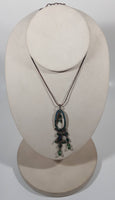 Emerald Blue Green Rhinestone Pendant 15" Long Metal Necklace Missing One Section