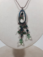 Emerald Blue Green Rhinestone Pendant 15" Long Metal Necklace Missing One Section