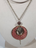 Pink Disc Perforated Heart Shapes with Metal Leaf Charm and Wood Bead 20" Long Metal Necklace