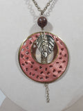 Pink Disc Perforated Heart Shapes with Metal Leaf Charm and Wood Bead 20" Long Metal Necklace