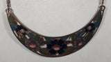 Vintage Crescent Shaped Cloisonne Enamel Painted Flower Design Copper Tone 16" Long Metal Necklace