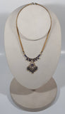 Dark Blue and Sparkling Clear Rhinestone Gold Tone Tube Chain 16" Long Metal Necklace