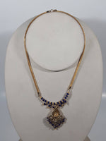 Dark Blue and Sparkling Clear Rhinestone Gold Tone Tube Chain 16" Long Metal Necklace