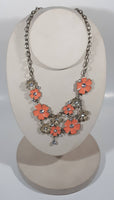 Pink Enamel Flowers Clear Plastic Rhinestone 16" Long Metal Necklace