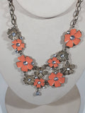 Pink Enamel Flowers Clear Plastic Rhinestone 16" Long Metal Necklace