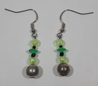 Dangling Small Plastic Green Bead 1" Long Fish Hook Earrings