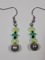 Dangling Small Plastic Green Bead 1" Long Fish Hook Earrings