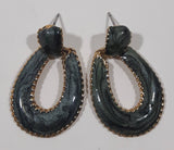 Vintage Horse Shoe Shaped Dark Green Marble Look 1 1/4" Push Back Earrings