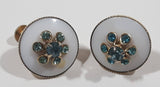 Vintage White Circular Aquamarine Blue Turquoise Sparkling Rhinestone 3/4" Screw Back Metal Earrings