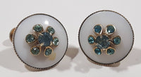 Vintage White Circular Aquamarine Blue Turquoise Sparkling Rhinestone 3/4" Screw Back Metal Earrings