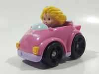 2009 Mattel Fisher Price Little People Wheelies Blonde Girl Purple Clothes Pink Plastic Toy Car Vehicle