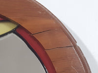 Red Bordered Blue Leaves Yellow and Orange Flowers Stained Painted Glass 9" x 13 1/2" Arched Wood Framed Glass Wall Mirror