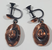 Western Cowboy Hat Shaped Dangling Copper Tone Metal Screw Back Earrings