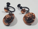 Western Cowboy Hat Shaped Dangling Copper Tone Metal Screw Back Earrings