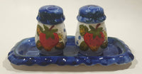 Vintage Strawberry Themed Hand Painted Blue and White 3" Tall Salt and Pepper Shaker Set with Tray