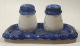 Vintage Strawberry Themed Hand Painted Blue and White 3" Tall Salt and Pepper Shaker Set with Tray